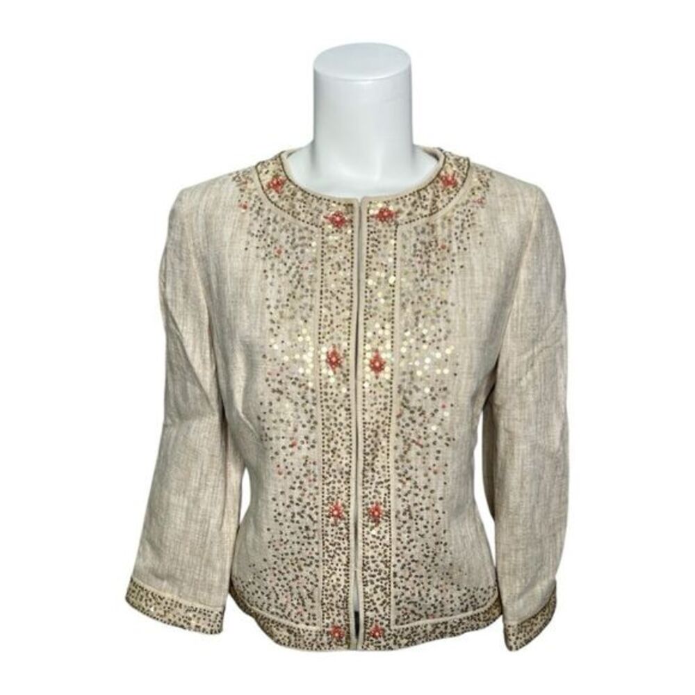 Ann Taylor Linen Beaded Embellished Cream Jacket Blazer Sz 8 NEW‎